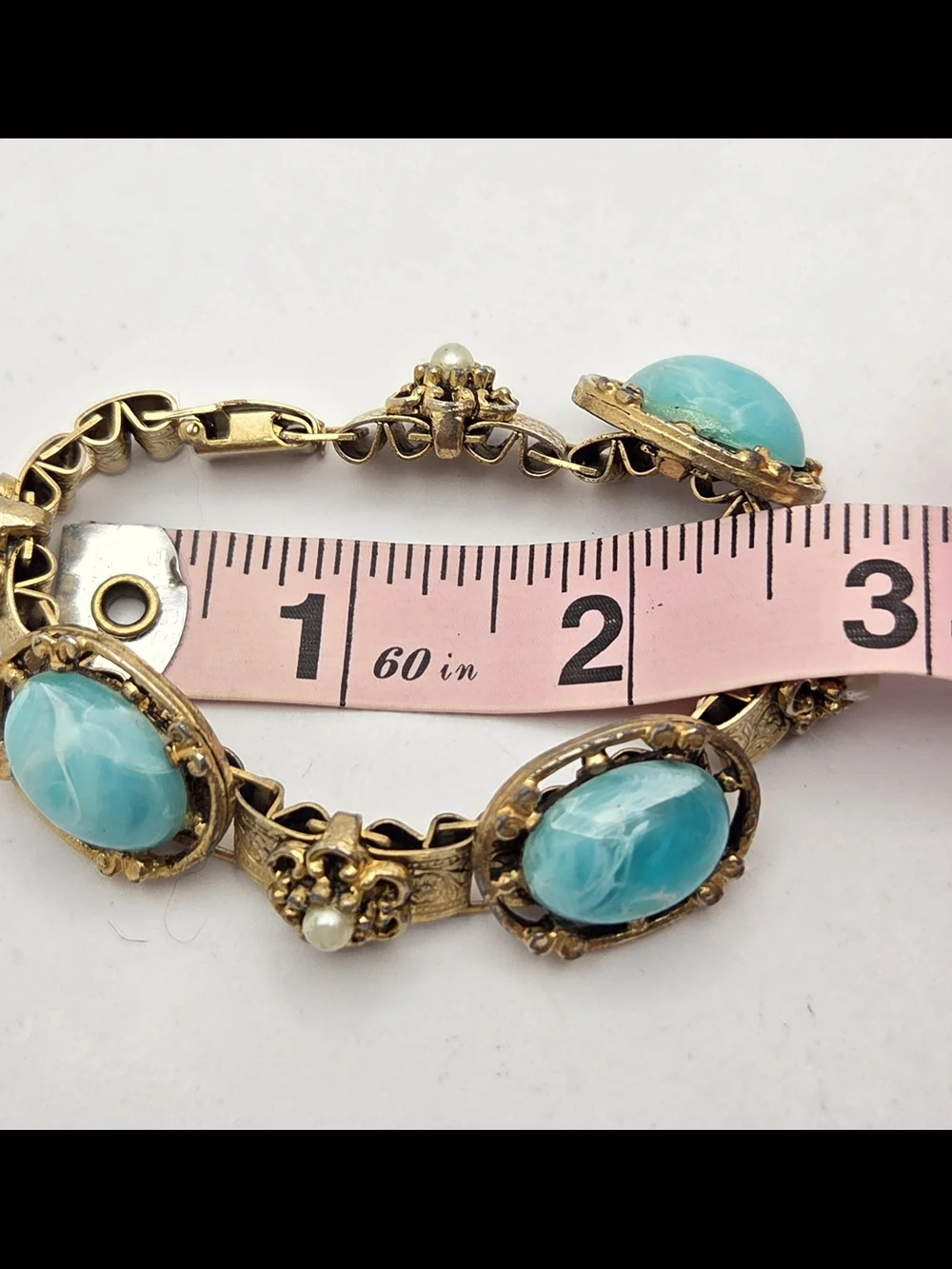 Vintage Gold Tone Faux Turquoise Pearl Panel Bracelet Filigree Etched 7 Inches